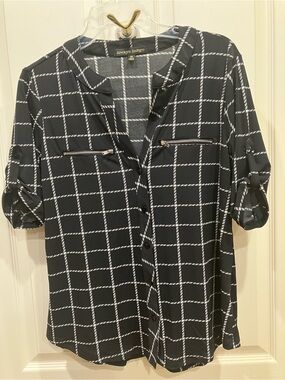 Always Indigo Medium Black Plaid Button-Up Blouse with roll-tab sleeves